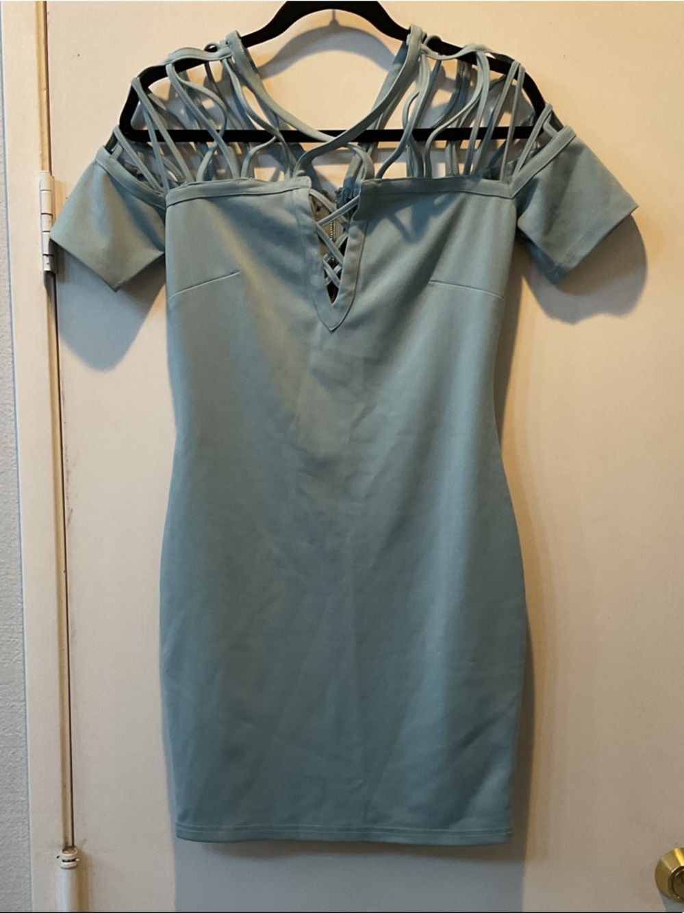 Cold-Shoulder Lace-Up Bodycon Dress in Light Blue
